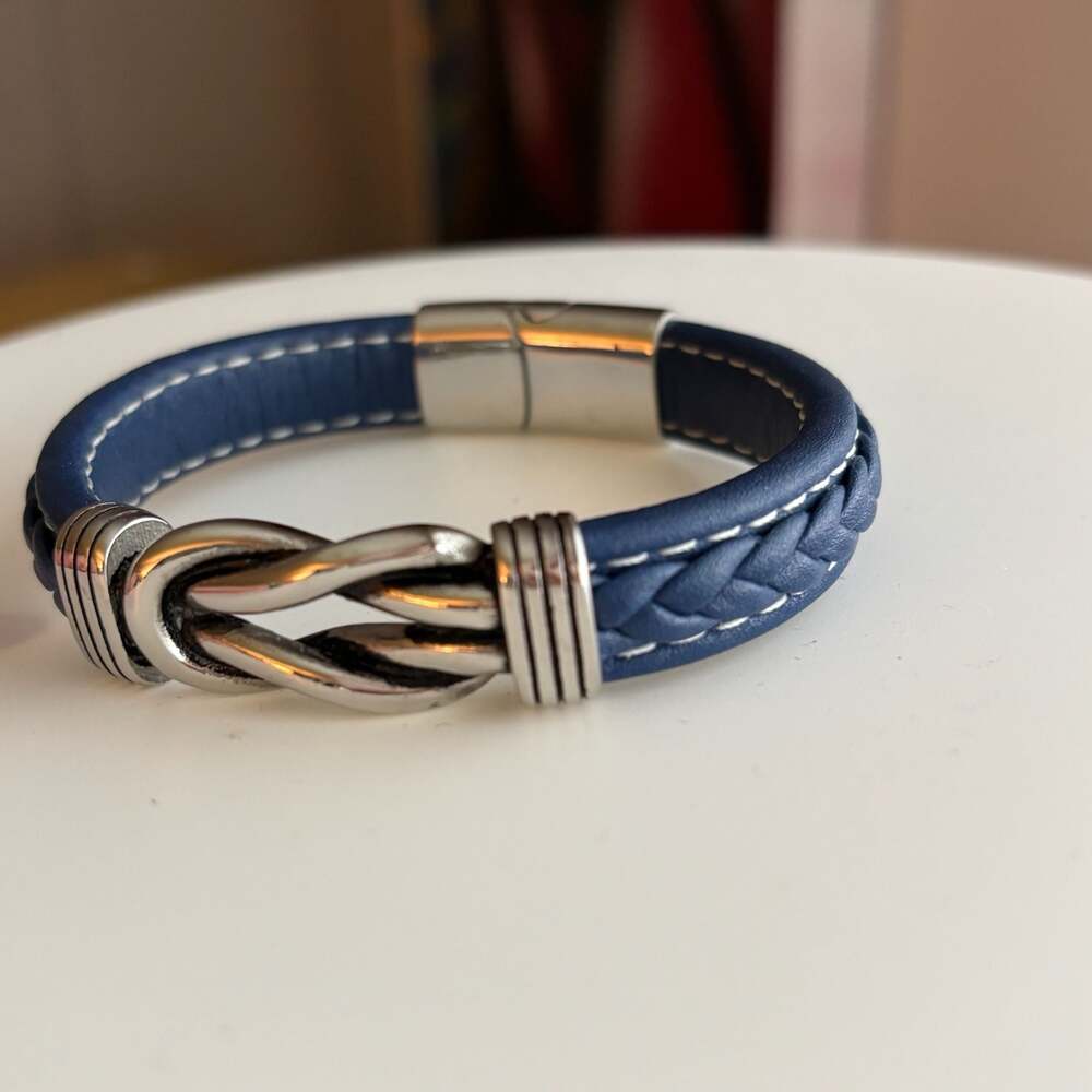 Men's LYNX Stainless Steel & Navy Braided Leather Bracelet - Picture 2 of 8